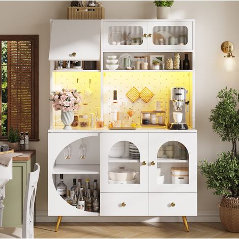 Aparador alto de cocina MDF y vidrio blanco 120x40x176 cm con LED, 2 enchufes AC, 2 USB, cajón y botellero (1/5)