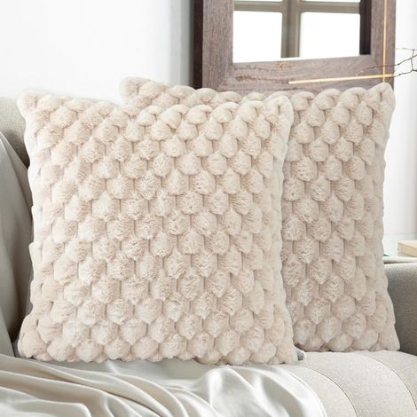 Lot de 2 housses de coussin moelleuses 50 x 50 cm, vert sauge, décoratives, douillettes, en fourrure, pour canapé, salon, beige (1/5)