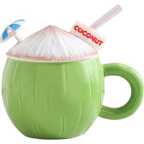 Tasse à Café Créative en Céramique Forme Noix de Coco - 430ml avec Couvercle Vert Cadeau Original Noël Anniversaire (1/5)