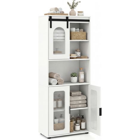 Armoire Haute Salle de Bain avec Porte Coulissante Meuble de Rangement en Bois avec Placard à 2 Portes, Étagère Ouverte, 60x30x150 cm, Blanc (1/5)