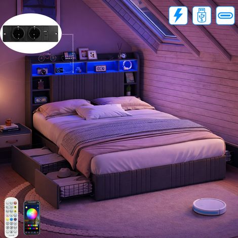 Lit coffre 140x200 avec sommier LED et USB Type-C, lit rembourré avec 4 tiroir, Tête de lit avec rangement, bibliothèque, lin, gris (1/5)