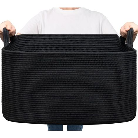 EASYCOMFORT Panier à linge tressé noir - Grand panier de rangement multifonction pour jouets bébé, couvertures, coussins et serviettes (1/5)