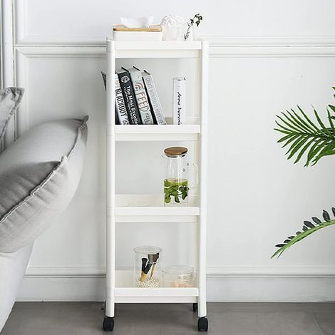 Chariot de Rangement Roulant, 4 Étagères Coulissantes, Meuble à Roulettes Fin, Gain de Place pour Cuisine Salon Bureau, Étagère Étroite Salle de Bain, Blanc (1/5)