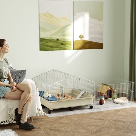 Cage à rongeurs avec enclos, clapier pour lapin, abri équipé d'un biberon, râtelier à foin, gamelle, rampe sur roulettes, pour cochons d'Inde et hérissons, Blanc