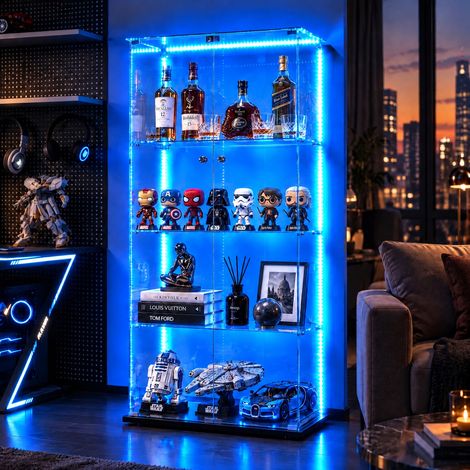 JOOKGBD-Glasvitrine,2 Tür vitrinenschrank 4 Regalen,mit Schloss und LED,Sammlerstücke Glasvitrine,Bücherregal aus Glas,Vertikale Glasvitrine,für Wohnzimmer Schlafzimmer Büro,Lampenkugel-Stil,Schwarz