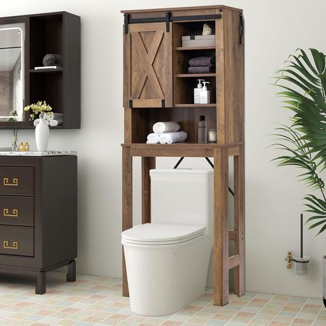Costway – Meuble WC au-dessus de toilettes en bois – 4 étagères réglables – Porte coulissante – Dimensions 67 x 25 x 172 cm – Design rustique (1/5)