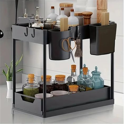 Étagère de rangement coulissante polyvalente à 2 niveaux, adaptée à la salle de bain, à la cuisine, au salon et à la chambre à coucher (1/5)