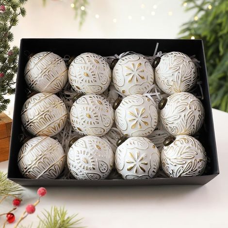 Weihnachtsbaumschmuck, rustikaler Stil, unzerbrechliche Kunststoffkugeln, geeignet für Weihnachtsdekorationen und saisonale Innendekoration (weiß). (1/4)