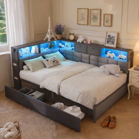 JOOKGBD-Letto imbottito 140x200 cm, letto matrimoniale con testiera imbottita in tessuto grigio, struttura in pannelli neri, 2 cassetti, mensole, porte USB, striscia LED RGB per camera da ragazzi (1/5)