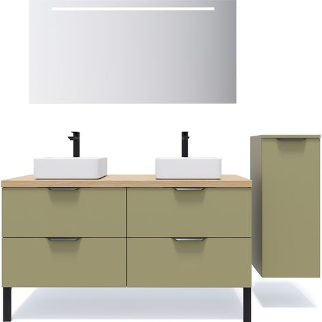Meuble de salle de bain suspendu 2 vasques à poser 140cm 4 tiroirs Vert olive + miroir + colonne ouverture droite - Soho (1/5)
