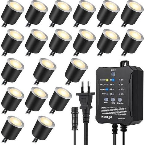 Set of Outdoor Recessed Terrace Spotlights with Timing Photocell Sensor Protective Cover Ø32 mm 0.6 W LED IP67 Waterproof Warm White