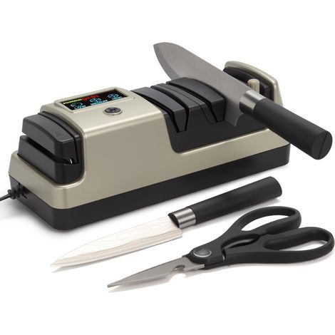 Affûteur de couteaux électrique 5 en 1 blond clair avec écran LCD pour couteaux de cuisine, 3 vitesses de rotation, pour couteaux à lame lisse, dentelée, en céramique, ciseaux et haches. (1/5)