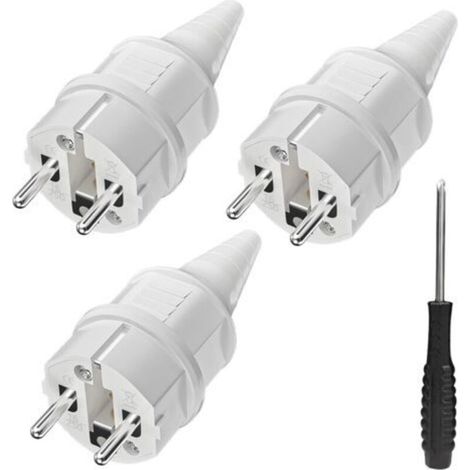 3 fiches de contact de protection avec protection anti-torsion, 250 V (16 A), résistantes aux projections d'eau et longue durée, IP44, blanches. (1/5)