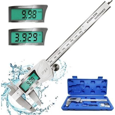 Pied a Coulisse Digital, Pied à Coulisse Numérique 150mm/6'' Acier Inoxydable, Digital Outil Micromètre Vernier, IP54 Étanche, Écran LCD Large, mm/inch, 2 Batterie, Off Automatique, Acier (1/4)
