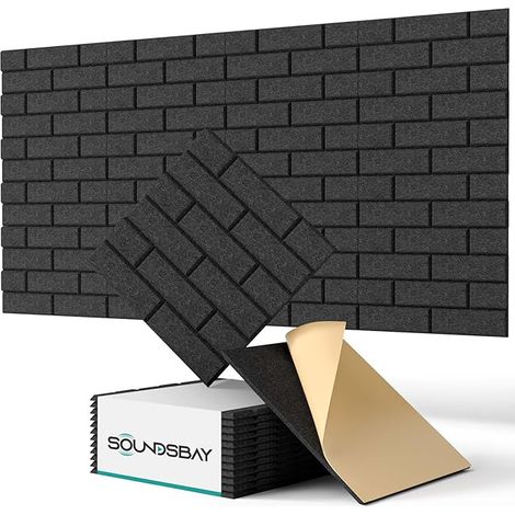 Lot de 12 panneaux acoustiques autocollants pour isolation phonique murale haute densité type brique pour traitement acoustique et décoration murale 30 x 30 x 0,9 cm (noir)