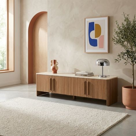 Meuble TV décor bois noyer et effet travertin 4 portes 180cm - Aretha (1/5)