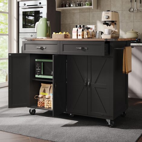 Îlot de cuisine noir finition bois, plan coulissant. 4 portes + 2 tiroirs, chariot/desserte multifonction pour cuisine/salle à manger.
