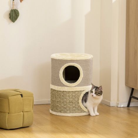 Torre para gatos 35,5x35,5x49 cm de poliéster y sisal, caqui, 2 refugios – MEUBLIV (1/5)