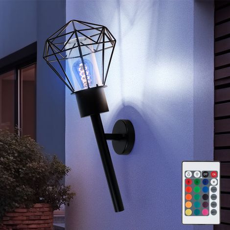 Lampada da parete per esterni lampada da giardino lampada da parete vintage nera torcia, acciaio inossidabile, telecomando dimmerabile, LED RGB 8,5W 806Lm bianco caldo, AxLxP 28,5x22,5x28,5 cm