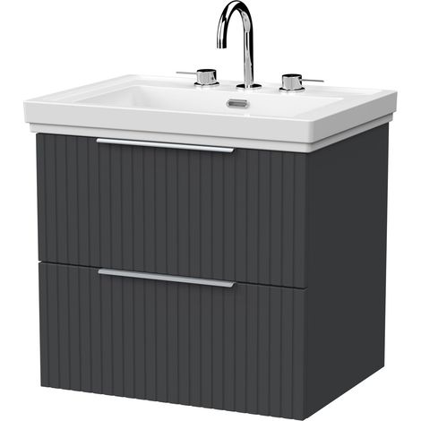 Callingwood Contemporary Wall Hung 2 Drawer Vanity Unit with Traditional 3 Tap Hole Fireclay Basin , 600mm, Dark Grey