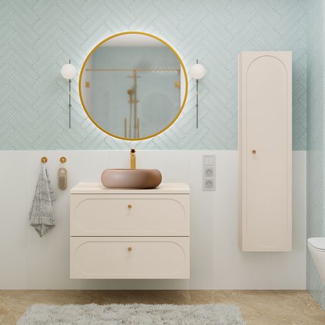 Waschtisch und Hängesäule 80.6cm Sanae mit 2 Schubladen, Sandbeige
