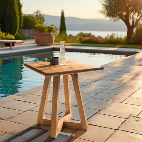 COLINE - Table à manger de jardin carrée en bois de teck recyclé 70cm (2 COLIS) (1/5)