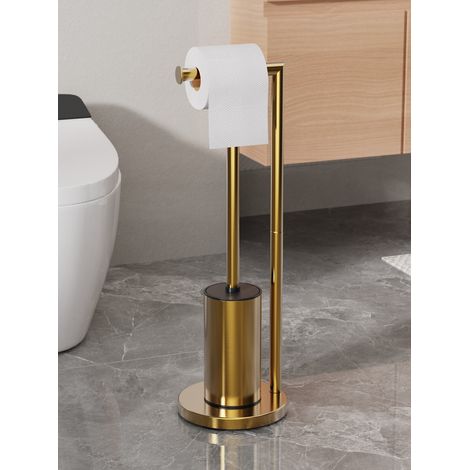 Support WC + Brosse Doré + Acier Inoxydable + Design Luxe 2-en-1 Sans Perçage pour Salle de Bain Moderne et Élégante (1/5)