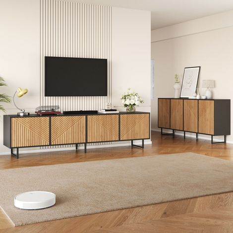 Un buffet de salon (160 x 40 x 75 cm) + un meuble TV à quatre portes (180 x 40 x 50 cm) en bois naturel avec des accents noirs, adapté à un téléviseur de 80 pouces. (1/5)
