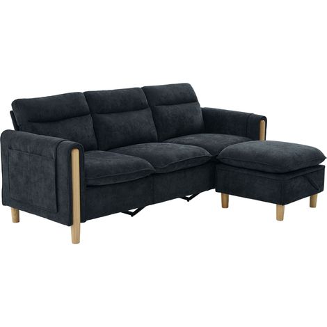 Canapé d'angle 3 places réversible avec pouf de rangement, poches latérales et pieds en bois, tissu noir, style nordique, idéal petits espaces CHICFURN (1/5)