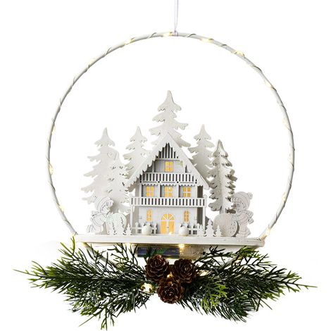 Corona navideña para puerta con casita iluminada de 27 cm. Corona navideña con rosas, piñas decorativas y adornos artificiales para puertas, ventanas, chimeneas, paredes y exteriores. (1/4)