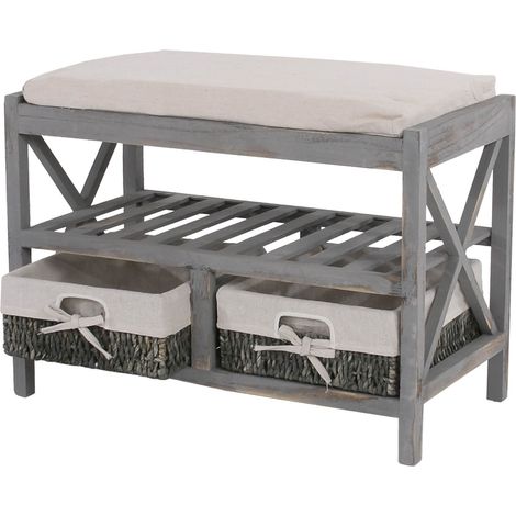Panca cassettiera shabby vintage con 2 ceste e ripiano HHG-352 legno di paulonia grigio