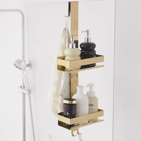 Panier de douche doré à suspendre, organiseur de douche à suspendre sur porte de salle de bain avec support à 2 niveaux et crochets, peut contenir du gel douche, du shampooing, du savon, du (1/5)