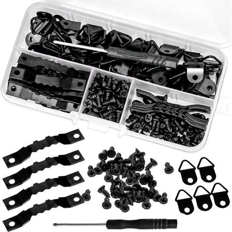 (Negro-dorado) 252 uds. Ganchos para cuadros de metal, sujetacuadros + destornillador, ganchos para cuadros de pared, fijaciones triangulares para cuadros, fijaciones dentadas para marcos de fotos y r (1/4)