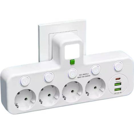 Multiprise Murale avec 4 Prises EU, 2 Ports USB, 1 Port Type-C, Interrupteurs Individuels (4p + USB Blanc) (1/5)