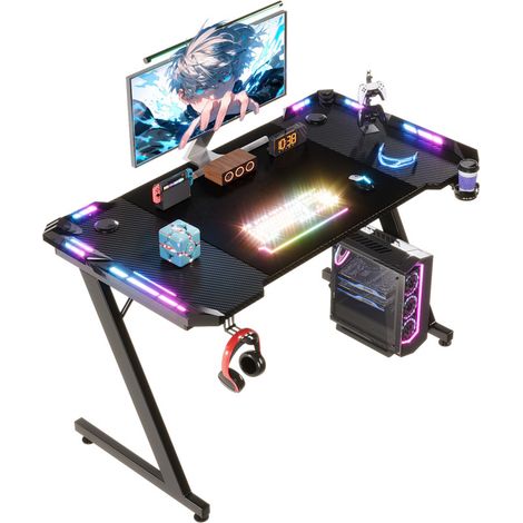 Devoko – Bureau gamer 120x60cm – Structure en Z pour stabilité – Lumières RVB avec télécommande – Porte-gobelet et crochet casque