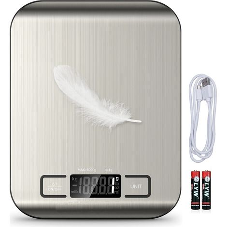 Balance de cuisine numérique, précision 1 g-5 kg, fonction tare, rechargeable par USB, 6 unités, acier inoxydable argenté – Accessoires de cuisine et barbecue