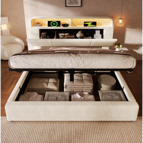 Stauraumbett 180x200 cm aus beigefarbenem Samt mit LED und USB, ohne Matratze – MEUBLIV (1/5)