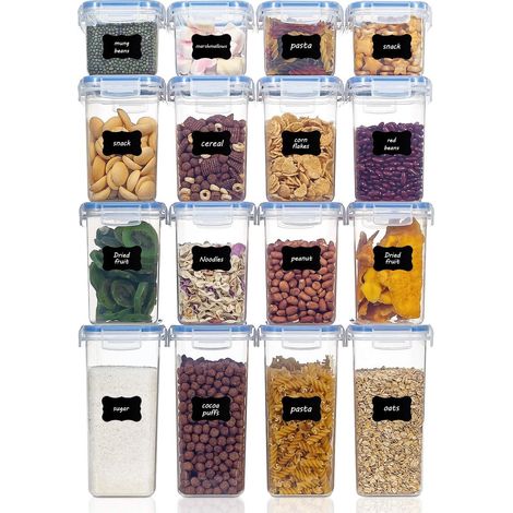 MINKUROW Confezione Da 16 Barattoli, Barattoli Per Muesli E Barattoli Per Alimenti, Barattoli Ermetici In Plastica Senza Bpa, 24 Etichette Per Cereali, Farina, Zucchero (Blu) (1/5)