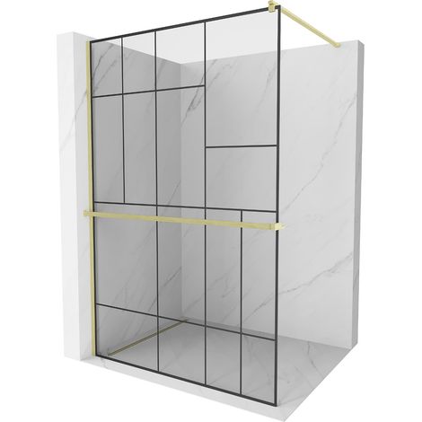Mexen Kioto+ Duschwand mit Walk-in-Regal 100 x 200 cm, schwarzes Muster, gebürstetes Gold - 800-100-