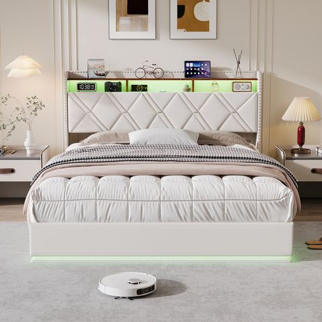 Lit Coffre 140x200cm avec LED et Port USB, tête de lit avec Étagères Ouvertes et Rangement Caché, Lit Double avec sommier à Lattes,Cadre de Lit en tissu lin Beige, Lit 2 Personnes,sans Matelas