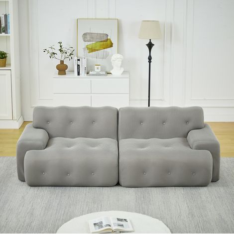 Sofá recto 2 plazas con reposabrazos y botones decorativos, sin montaje, gris, para salón y apartamento (1/5)
