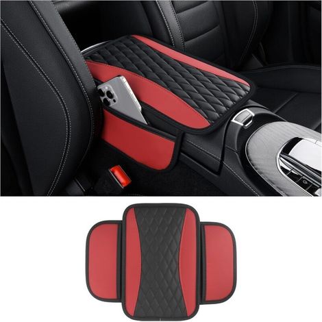 Coussin d'Accoudoir Voiture,Coussin Accoudoir en Microfibre Cuir avec 2 Poches de Rangement Voiture,Accessoire Voiture Interieur Housse Accoudoir Voiture pour La Plupart des Véhicules (Rouge) (1/5)