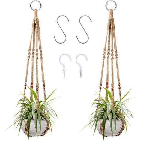 [JAMAIS UTILISÉ] Suspension pour plantes d'intérieur en corde de coton et chanvre, 85 cm, avec perles en bois, pour décoration intérieure, sans crochets, 2 paires (1/4)