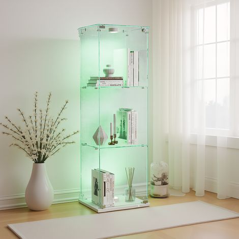 Glas Vitrinenschrank mit Berührungsleuchte, Modern Glasvitrine mit 3 Ablagen für Sammlerstücke, Standvitrine mit 1 Tür und Schloss, für Wohnzimmer, Schlafzimmer und Büro, Weiß (1/5)