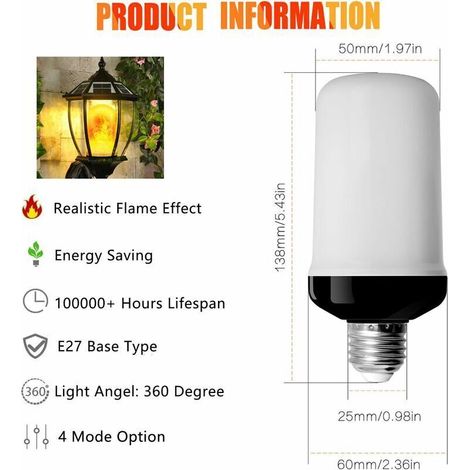 Pack de 2 ampoules LED flamme E27 avec 4 modes de flamme (avec capteur de gravité), idéales pour la décoration intérieure, extérieure, de bar et de fête. (1/3)