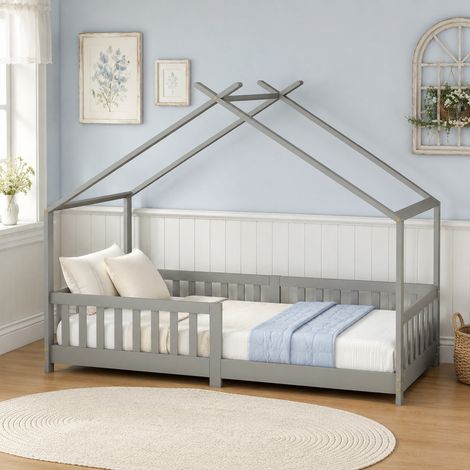 lit cabane enfant 90x200 bois gris clair avec toit HAVRYA