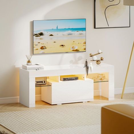 Meuble TV, meuble télé avec éclairage LED RGB, haute brillance, étagères en verre trempé, 120x34x45cm, blanc
