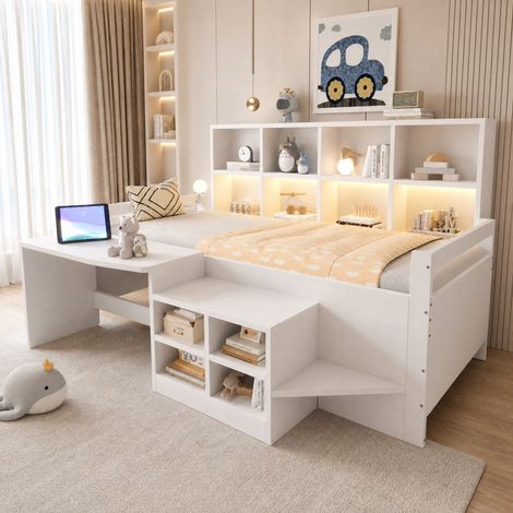 Letto multifunzione 204x146x100 cm, con scrivania, vani contenitore e LED, legno, bianco (1/5)