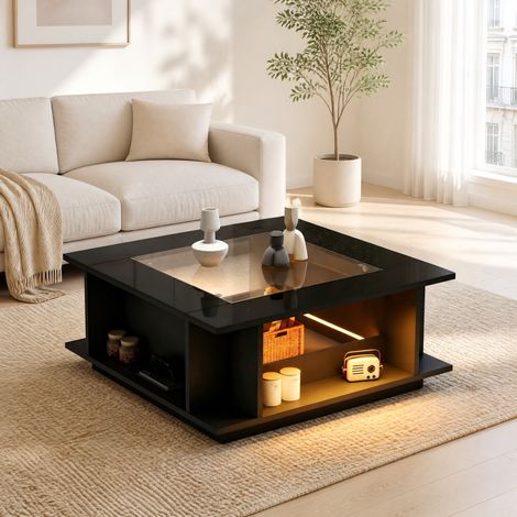 Table basse 70x70x30 cm noire avec LED, verre et panneaux de particules MEUBLIV (1/5)