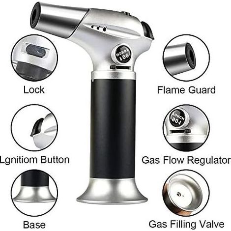 Chalumeau de cuisine professionnel avec verrouillage, flamme réglable, mini-chalumeau rechargeable pour barbecue, pâtisserie, crème brûlée, loisirs créatifs et autres travaux manuels. (1/3)